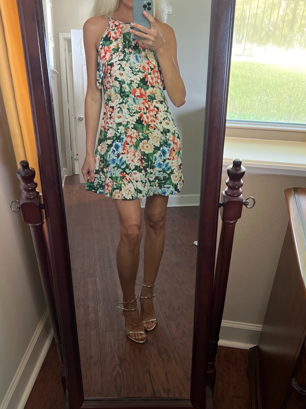 Zara Floral Halter Mini Dress in Green, White, Blue and Coral